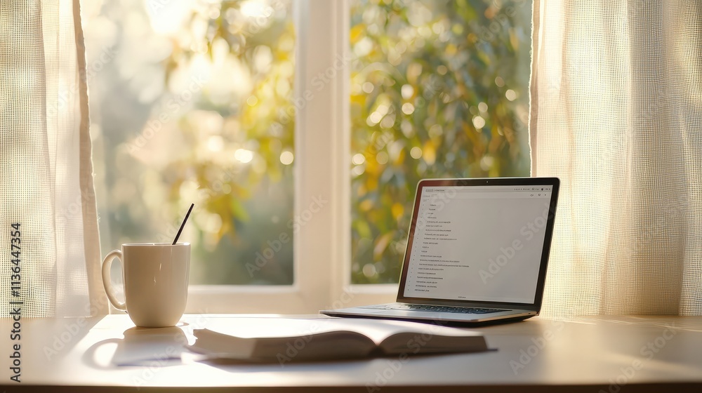 A tidy desk setup featuring a career development book, a cup of coffee, and an open laptop displaying an inspirational webinar A tidy desk setup featuring a career development book, a cup of coffee, and an open laptop displaying an inspirational webinar