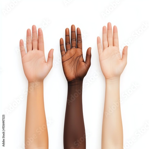 Obraz na płótnie Three diverse hands raised, showcasing different skin tones against a white background, symbolizing unity and diversity. w salonie