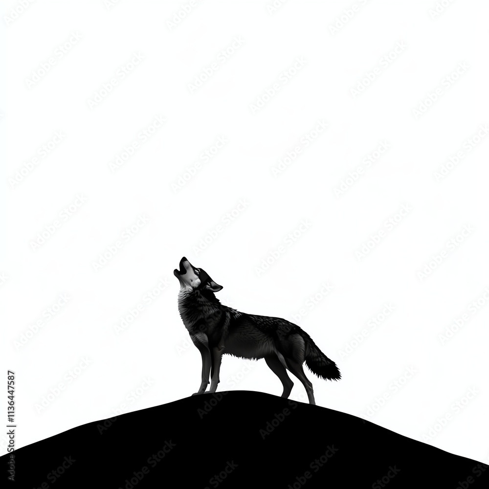 A lone wolf howls atop a dark hill, silhouetted against a stark white background, evoking a sense of wilderness and solitude. A lone wolf howls atop a dark hill, silhouetted against a stark white background, evoking a sense of wilderness and solitude.