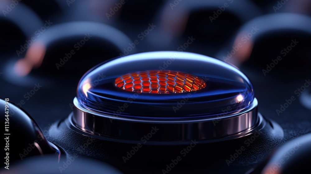 Fototapeta premium A glowing, translucent button sits atop a dark surface, showcasing intricate patterns, evoking a sense of technology and innovation.