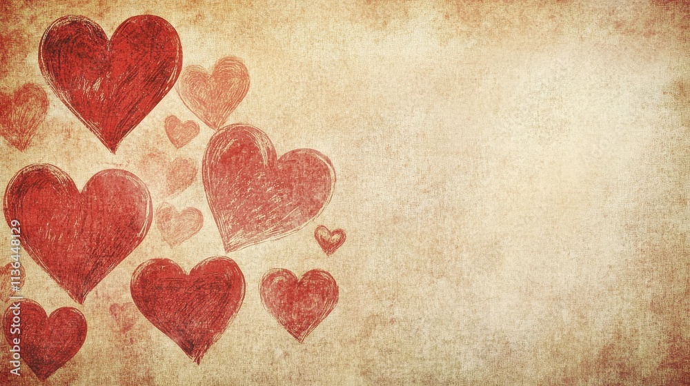 Fototapeta premium A retro Valentine's Day background with sketched hearts in various sizes and shades of red