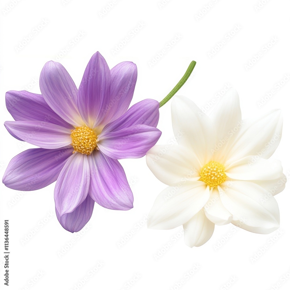 A pair of vibrant purple and white flowers with detailed petals and yellow centers, ideal for nature-themed projects, floral arrangements A pair of vibrant purple and white flowers with detailed petals and yellow centers, ideal for nature-themed projects, floral arrangements