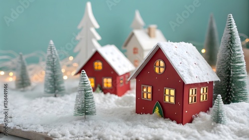 Christmas village scene, miniature winter village paper craft red houses.