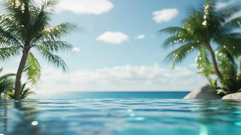 A swimming pool close-up with a blurred beach in the background. Summer vacation paradise A swimming pool close-up with a blurred beach in the background. Summer vacation paradise