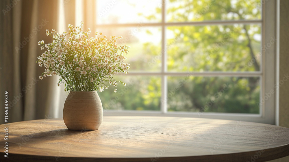 Beautiful flower vase on a round wooden table in front of a bright window with a greenery landscape view Beautiful flower vase on a round wooden table in front of a bright window with a greenery landscape view