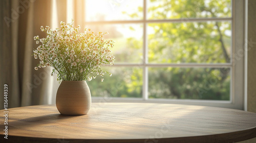 Wallpaper Mural Beautiful flower vase on a round wooden table in front of a bright window with a greenery landscape view Torontodigital.ca