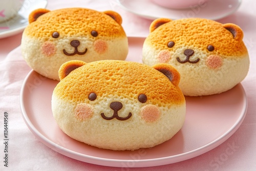 Three cute bear-shaped pastries arranged on a pink plate, perfect for dessert menus, bakery promotions, or social media posts highlighting charming food creations photo