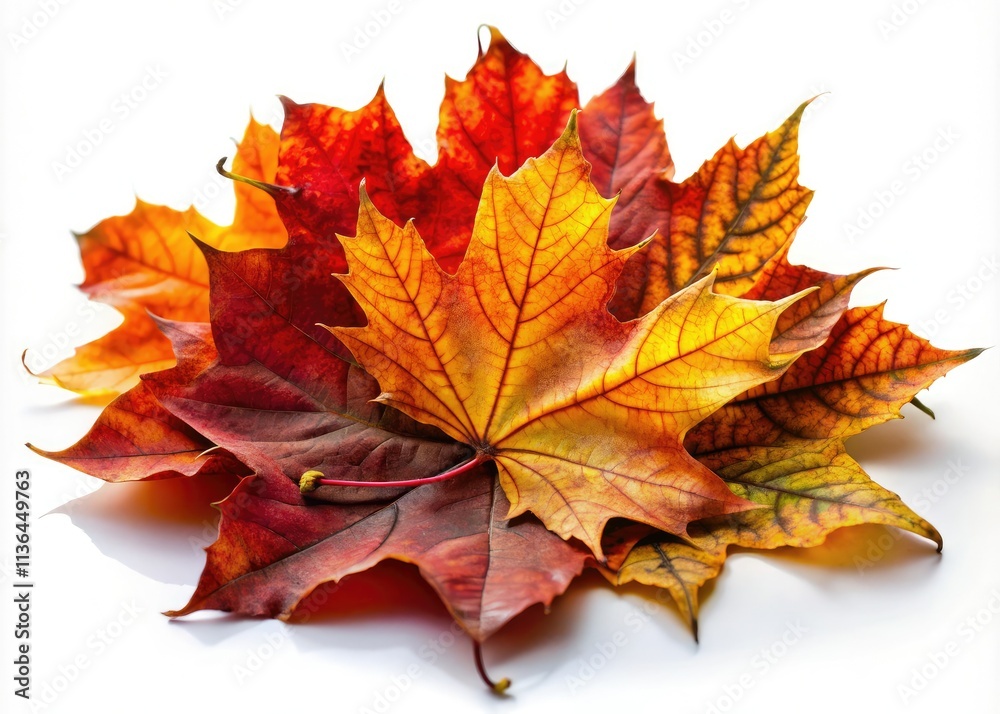 Vibrant macro maple leaves, isolated against a white backdrop, perfect for Thanksgiving autumn decor.