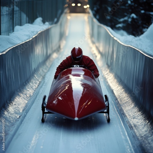 An athlete in a red suit controls a bobsled on a track during the Winter Games.