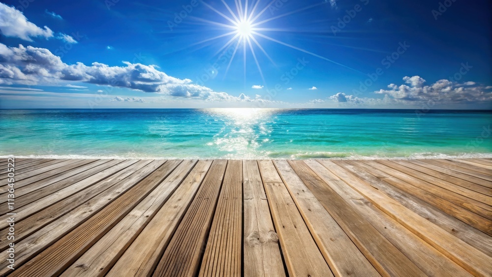 Fototapeta premium Serene ocean view from a weathered wooden deck on a sunny day