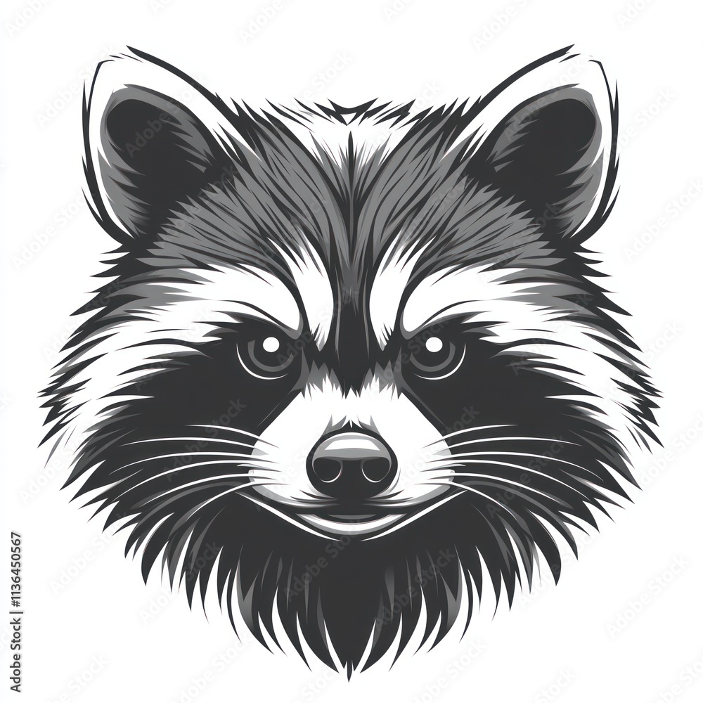 Obraz premium Monochrome illustration of a raccoon's head.