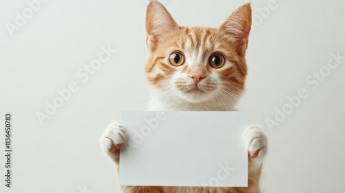 Cute ginger cat with blank card on white background, copy space. photo