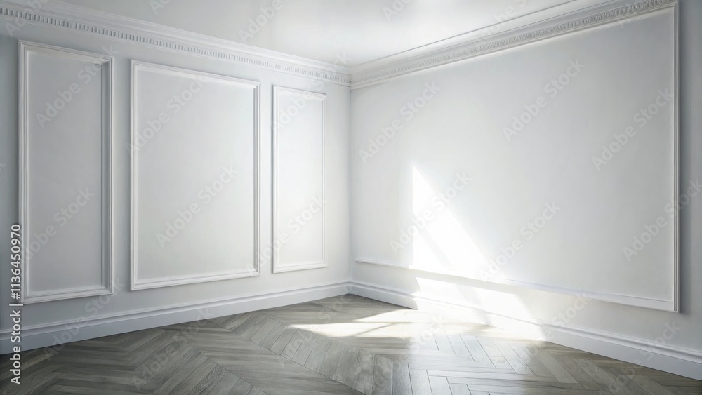 Empty Room with White Walls and Herringbone Floor, Ideal for Interior Design Presentation Empty Room with White Walls and Herringbone Floor, Ideal for Interior Design Presentation