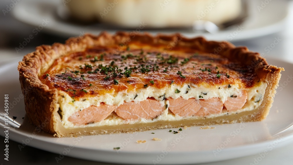 Delicious salmon quiche with a flaky crust served on a plate Delicious salmon quiche with a flaky crust served on a plate