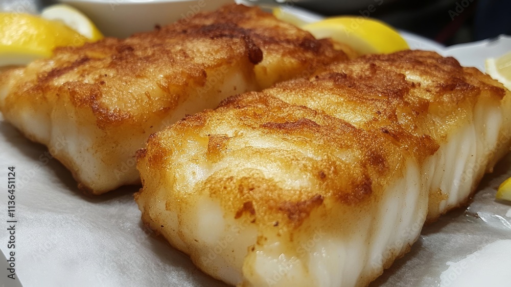 Crispy fish filet with lemon slices at a seafood joint Crispy fish filet with lemon slices at a seafood joint