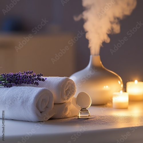 Spa setting with lavender, towels, candles, and diffuser.