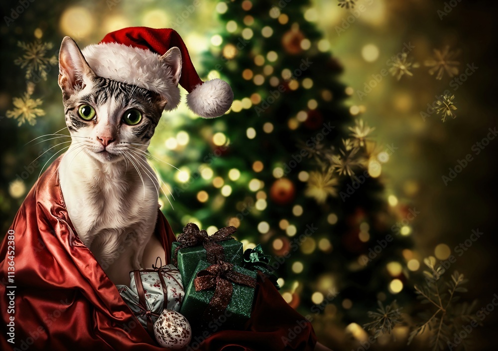 cat in the world as Santa Claus, wearing a Santa hat and a red Santa coat,to his left is a big sack with lots of presents, in the background a Christmas