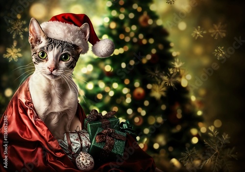 Obraz na płótnie cat in the world as Santa Claus, wearing a Santa hat and a red Santa coat,to his left is a big sack with lots of presents, in the background a Christmas w salonie