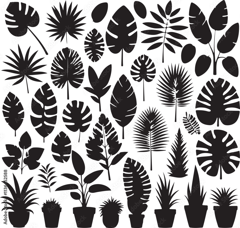 Cartoon tropical plant silhouettes vector illustration set. Includes various exotic leaves with funky and groovy decorative elements. Ideal for design projects, this collection offers a unique botanic Cartoon tropical plant silhouettes vector illustration set. Includes various exotic leaves with funky and groovy decorative elements. Ideal for design projects, this collection offers a unique botanic