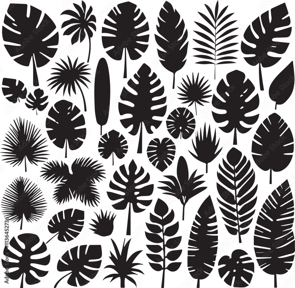 Cartoon tropical plant silhouettes vector illustration set. Includes various exotic leaves with funky and groovy decorative elements. Ideal for design projects, this collection offers a unique botanic Cartoon tropical plant silhouettes vector illustration set. Includes various exotic leaves with funky and groovy decorative elements. Ideal for design projects, this collection offers a unique botanic