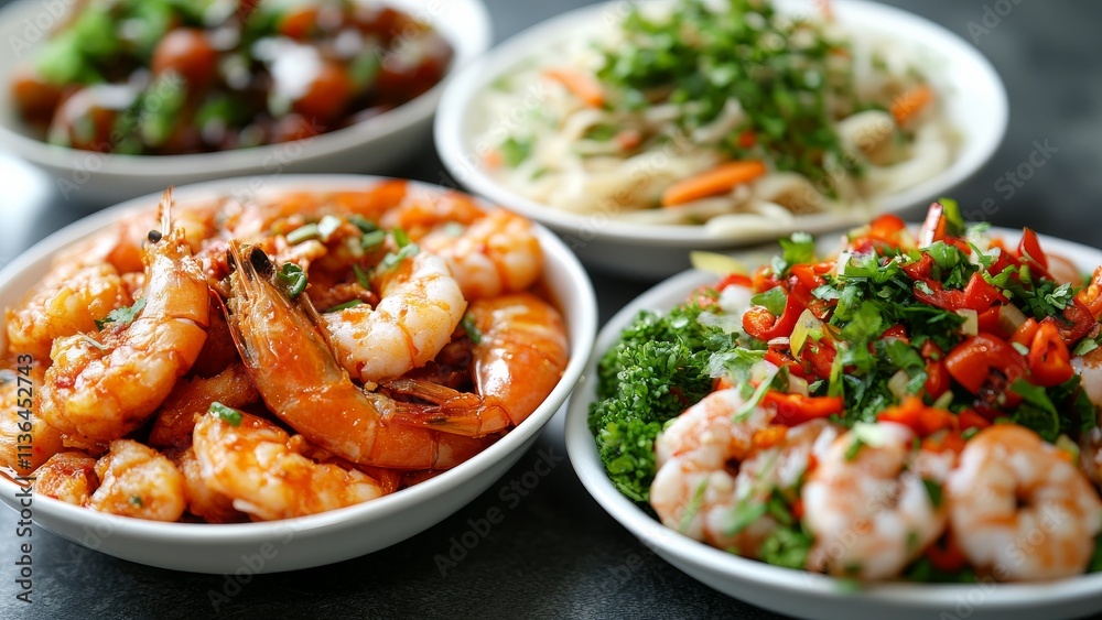 Delicious seafood dishes served in bowls at a vibrant dining table Delicious seafood dishes served in bowls at a vibrant dining table