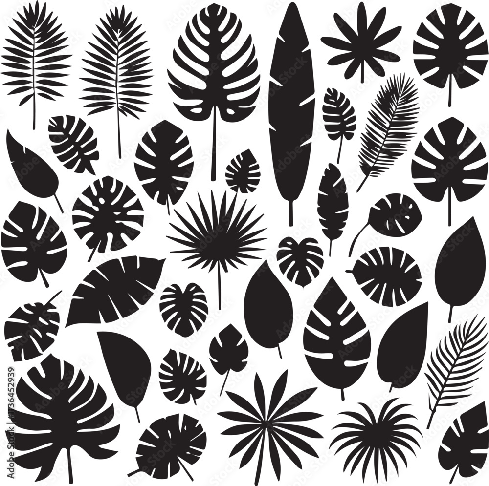 Cartoon tropical plant silhouettes vector illustration set. Includes various exotic leaves with funky and groovy decorative elements. Ideal for design projects, this collection offers a unique botanic Cartoon tropical plant silhouettes vector illustration set. Includes various exotic leaves with funky and groovy decorative elements. Ideal for design projects, this collection offers a unique botanic