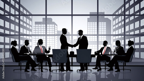 Silhouette of diverse business professionals shaking hands and networking in a modern office setting, symbolizing teamwork, collaboration, and successful business deals. 