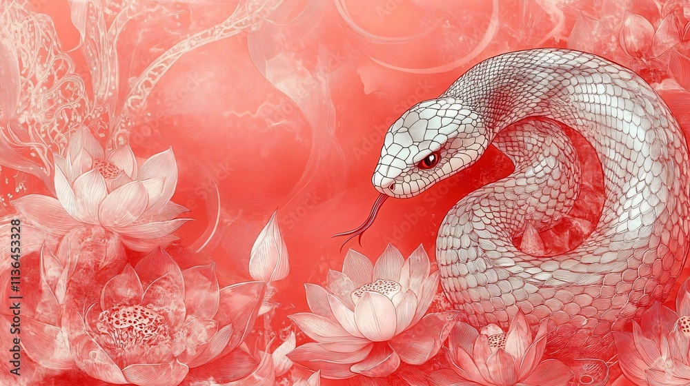 Fototapeta premium A striking image featuring a snake entwined in blooming lotus flowers, ideal for Year of the Snake celebrations, Asian-themed events, or artistic designs.