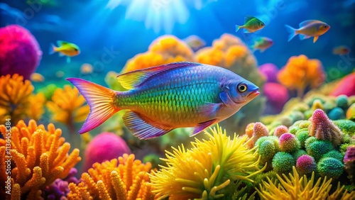 Celebes Rainbowfish Double Exposure: Underwater Paradise, Vibrant Fish, Tropical Aquarium, Sulawesi, Indonesia photo