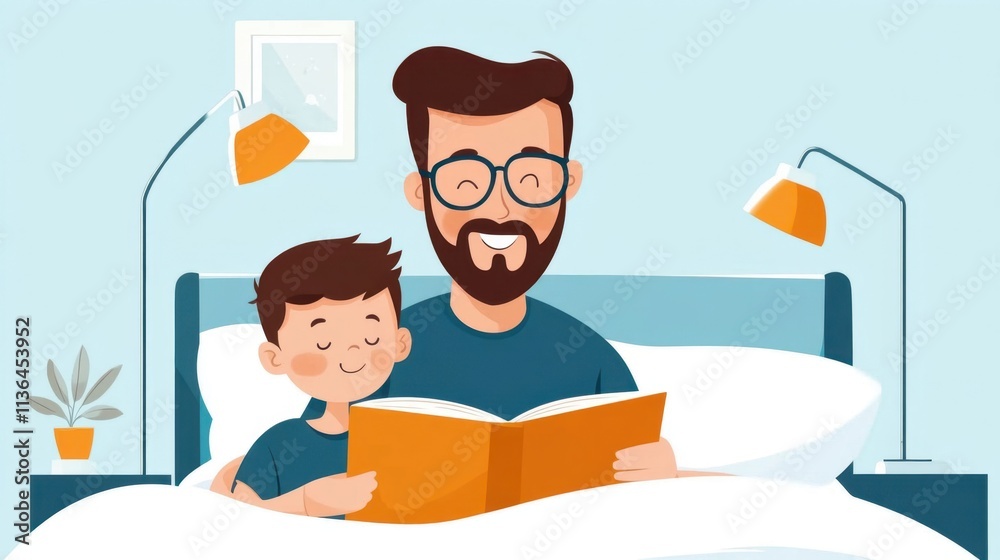 Father and Son Enjoying Storytime in Cozy Bedroom Illustration Father and Son Enjoying Storytime in Cozy Bedroom Illustration