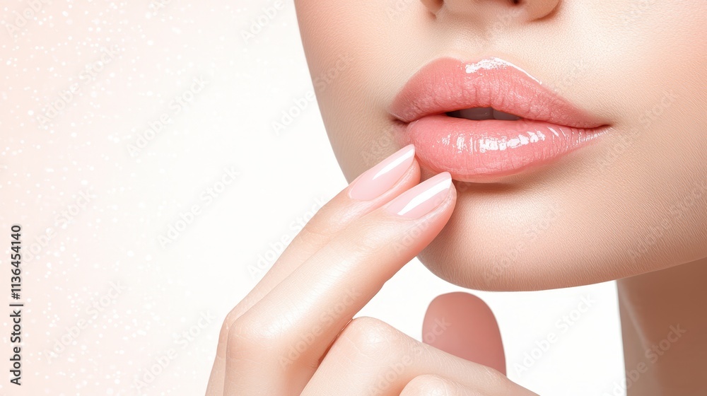 Fototapeta premium Beauty portrait highlighting pink manicure and white lip gloss, showcasing modern makeup trends cosmetic artistry.