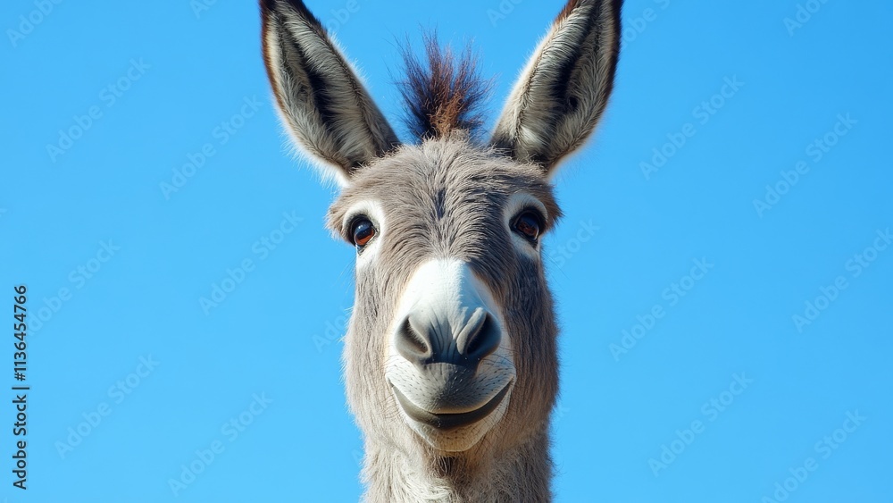 Curious donkey gazing under bright blue sky at midday Curious donkey gazing under bright blue sky at midday