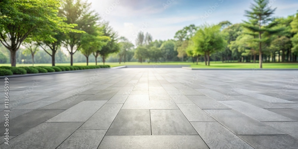 Serene park pathway, paved with grey stone tiles, leading to a lush green lawn and rows of trees under a bright sky
