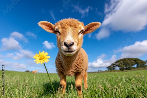 A ewe curiously sniffing a blooming flower in a peaceful rural meadow