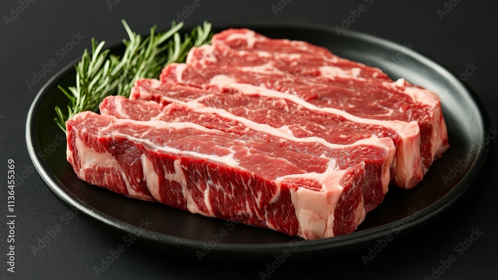 Fresh cut ribeye steaks arranged on a black plate with herbs Fresh cut ribeye steaks arranged on a black plate with herbs