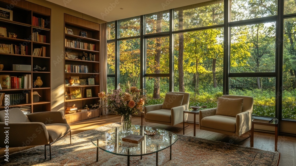 Fototapeta premium Sunlit library with large windows overlooking autumnal woods.