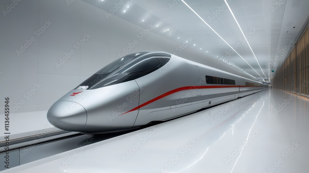 Fototapeta premium Silver and red train journey through scenic landscapes, explore railways travel adventures