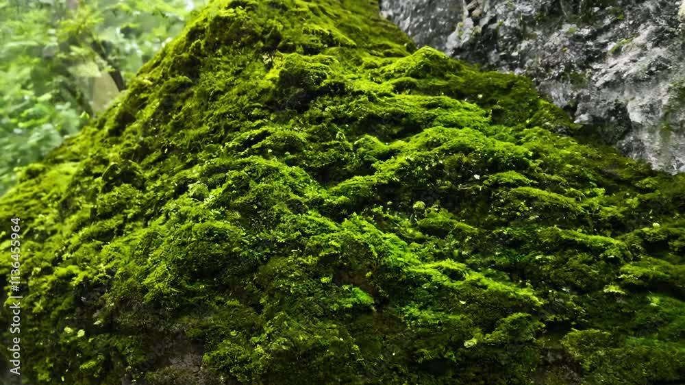 The camera captures a timelapse video of a moss-covered rock with lush green and gray tones The camera captures a timelapse video of a moss-covered rock with lush green and gray tones
