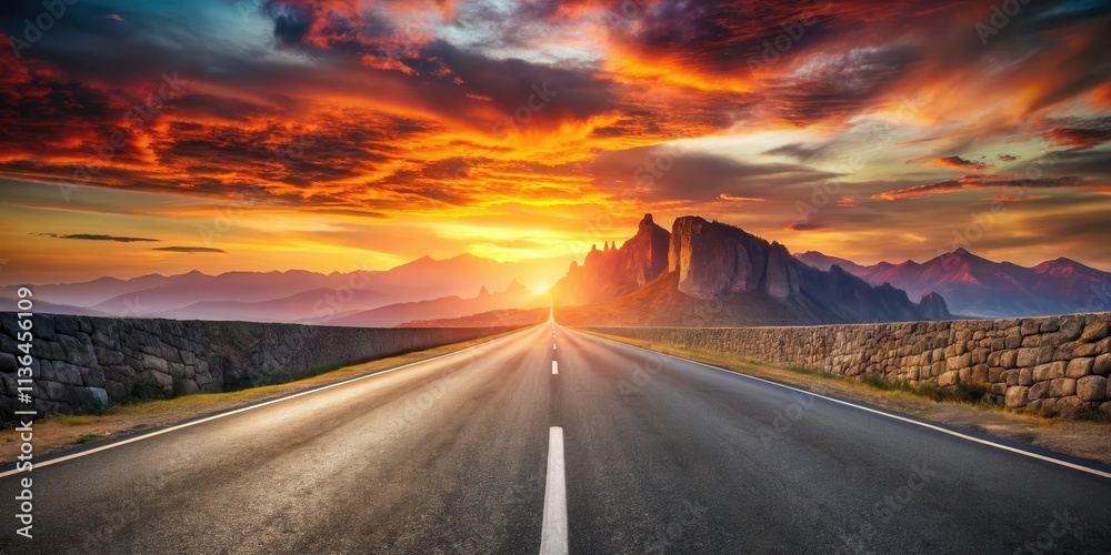 Naklejka premium Asphalt road leading towards a majestic mountain range at sunset with a stone wall beside it