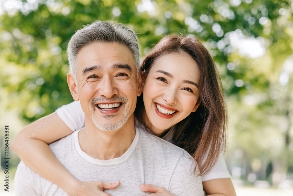 A joyful couple enjoying a sunny day outdoors, smiling together. A joyful couple enjoying a sunny day outdoors, smiling together.