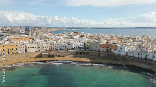 Aerial drone video of the coastal town of Gallipoli in Puglia, southern Italy.