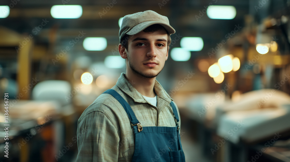 Young woodworker in work attire posing in a furniture factory workshop for a portrait Young woodworker in work attire posing in a furniture factory workshop for a portrait