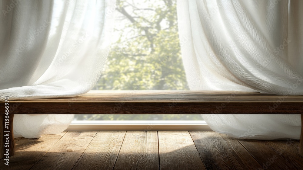 Bright morning light streaming through a window with sheer curtains Bright morning light streaming through a window with sheer curtains