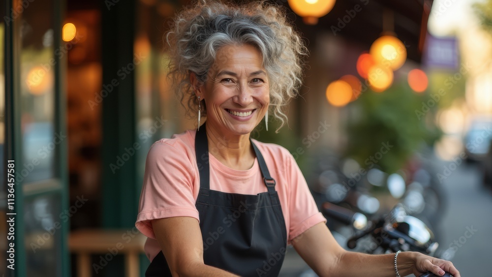Smiling Barista Outdoors at a Busy Cafe During Golden Hour Near Bustling Street Filled With Bicycles and Warm Lights Smiling Barista Outdoors at a Busy Cafe During Golden Hour Near Bustling Street Filled With Bicycles and Warm Lights