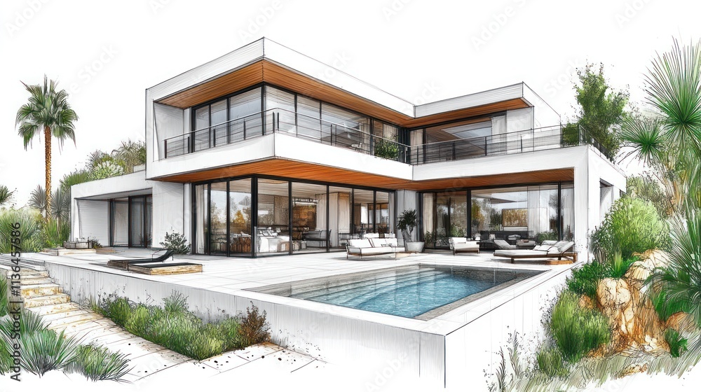 Fototapeta premium Modern architectural design featuring pool and landscaping