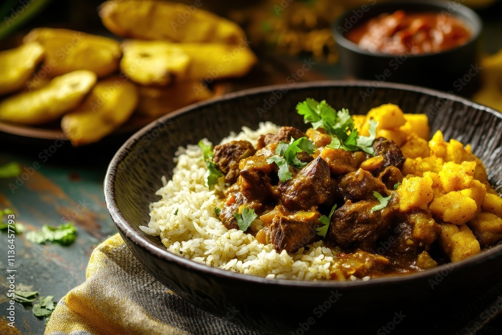 A flavorful dish featuring rice, meat, and plantains, garnished with herbs. A flavorful dish featuring rice, meat, and plantains, garnished with herbs.