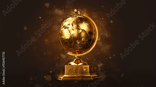 Golden Globe Award: A majestic golden globe award trophy, shimmering with an ethereal glow, sits on a dark background, surrounded by sparkling particles, symbolizing global achievement and prestige.  photo