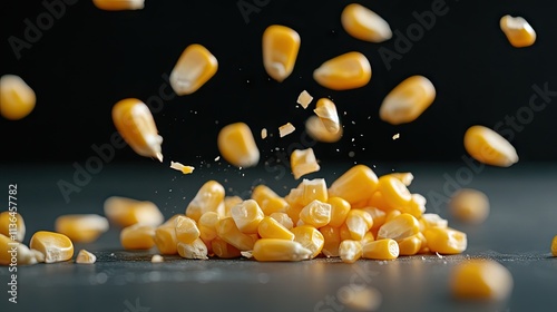 Lid flies off tin can of yellow corn as kernels cascade onto the table in a dramatic low-angle shot photo