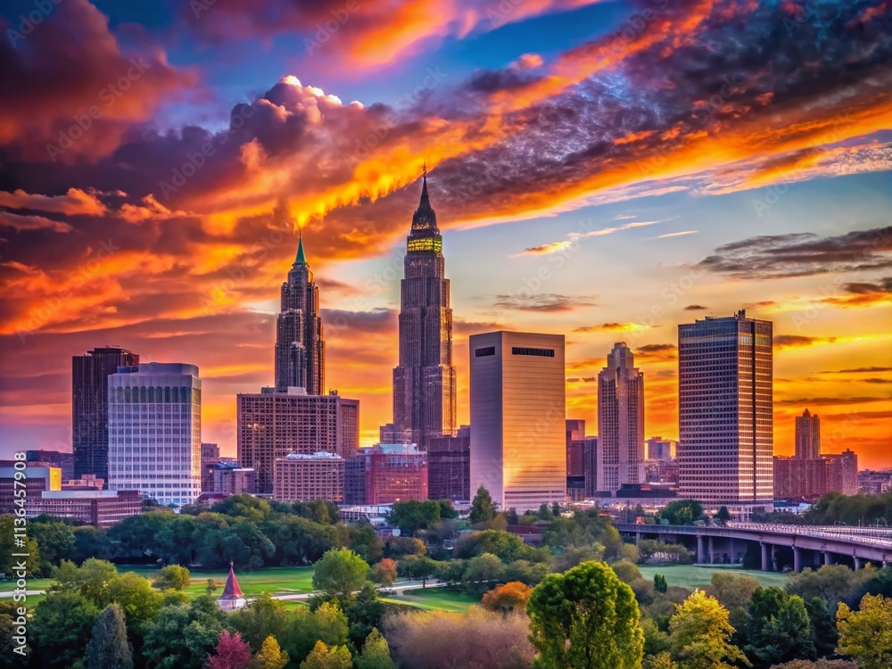 Fototapeta premium Cleveland Skyline Sunset Silhouette Photography - Vibrant Cityscape, Modern Architecture