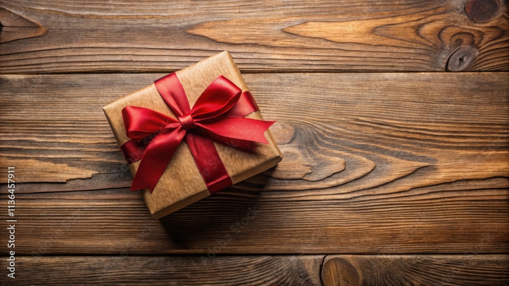 A single wrapped gift box with a red ribbon bow sits on a rustic wooden surface A single wrapped gift box with a red ribbon bow sits on a rustic wooden surface